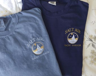 Salt Air Yacht Harbor | Embroidered T-Shirt | Merch, Coastal, Lyrics, August, Boat