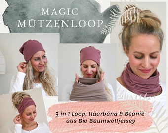 Magic Loop 3 in 1 - Halswärmer, Haarband, Beaniemütze aus Bio Baumwolljersey - viele Farben