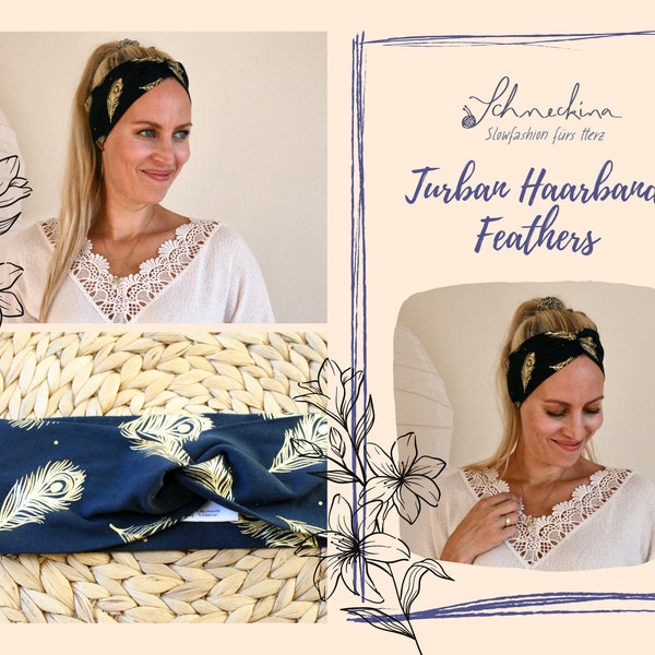 Turban Haarband "Feathers" marine, gold - boho, nachhaltig, fair - Geschenk für beste Freundin, Ostern, Valentinstag