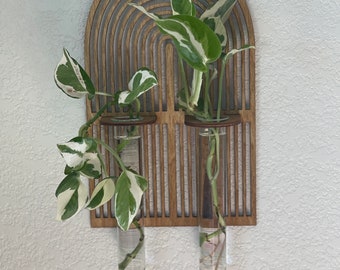 May include: A wooden wall planter with a rainbow design and two glass test tubes for holding plants. The planter is mounted on a white wall and has a small wooden knob at the top.