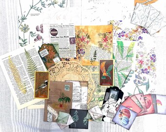 Conjunto / kit de diario basura - tarjetas, efímeras, sobres, etiquetas vintage, encaje - naturaleza, pájaros, flores, madera, otoño con zorro, conejo y erizo