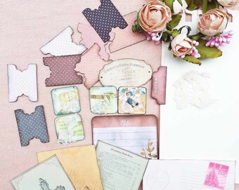 Little ephemera set - junk journal supplies - index tags, cards, little stamps with lace
