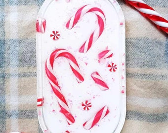 Festive Oval Resin Tray with Sugar Sticks and Holographic Flakes, candy stick tray, christmas decoration, sweet candy tray