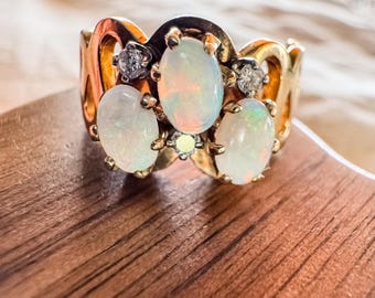 Vintage 14k Gold Opal & Diamond Ring | Mid-Century Artisan Design | Size 7.75