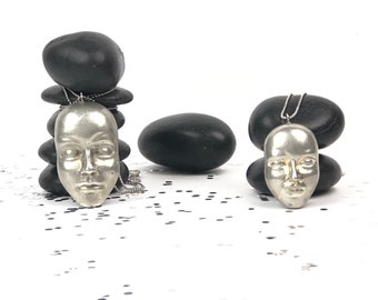 Silver Face Concrete Art Pendant Necklace,  Unisex Minimalist Jewelry