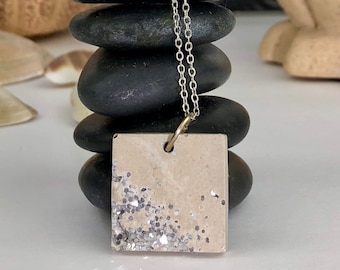 Silver Shine White Square Concrete Pendant Necklace