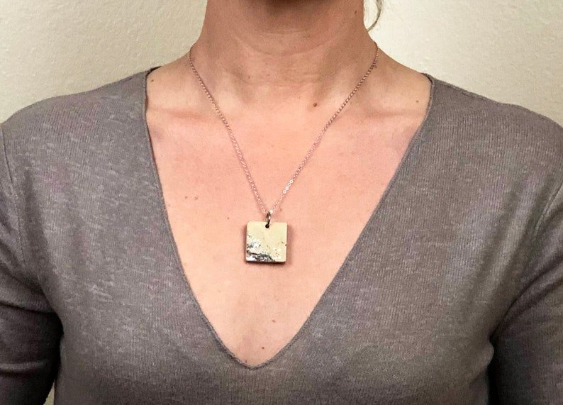 Silver Shine on White Square Concrete Pendant Necklace Shiny Concrete Necklace Urban Jewelry Unisex Jewelry