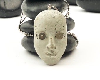Steampunk Face Concrete Pendant Necklace with Stainless Silver Chain