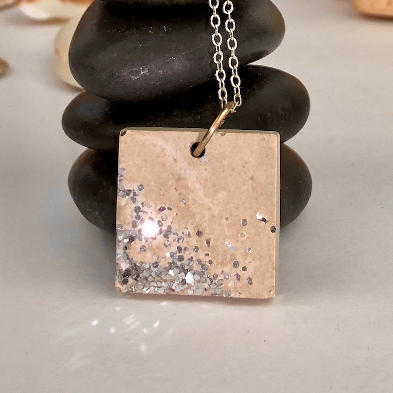 Silver Shine on White Square Concrete Pendant Necklace Shiny Concrete Necklace Urban Jewelry Unisex Jewelry