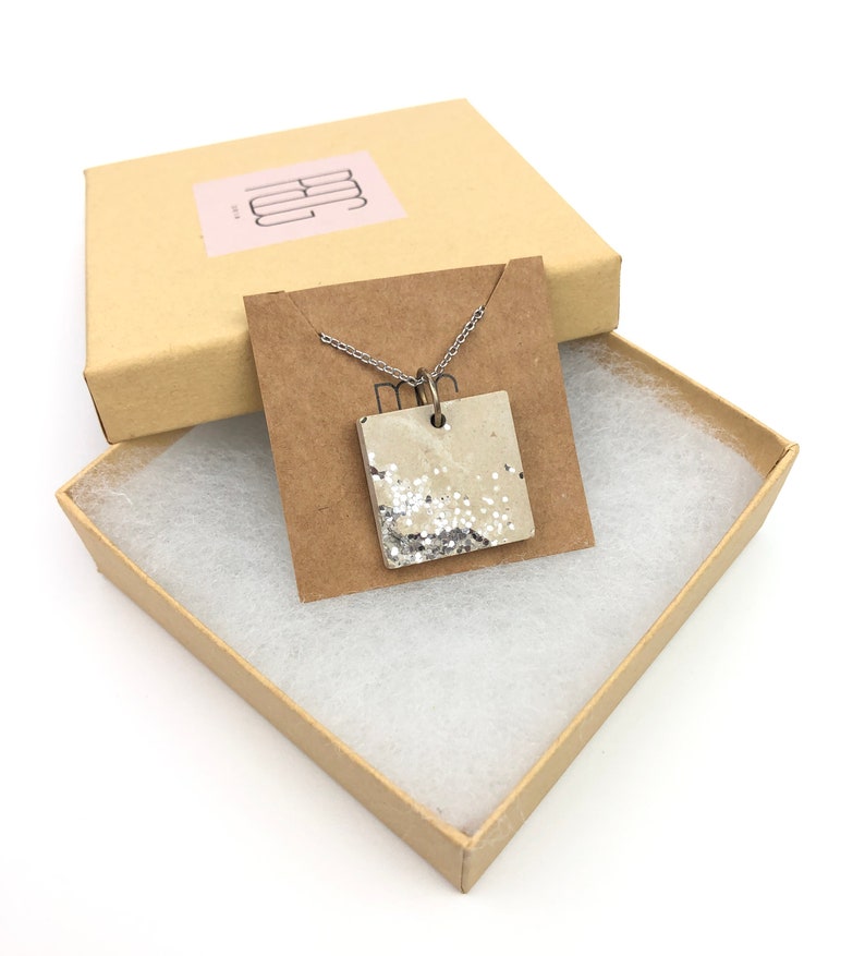 Silver Shine on White Square Concrete Pendant Necklace Shiny Concrete Necklace Urban Jewelry Unisex Jewelry