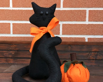 Halloween Deko - schwarze Katze und Filzkürbis