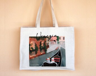 Borsa tote città di Venezia illustrata con gatti