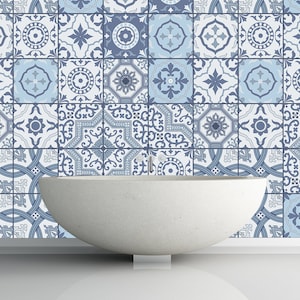 Set OF 12 Blue Tiles Wall Stickers Vinyl, Traditonal Mexican Tile Decals Peel & Stick, Tiles Stickers Removable, Kitchen Bathroom Decal Z443