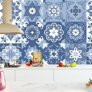 Set OF 24 Tiles Wall Stickers Blue. Spanish Style Tiles. Tile Stickers Peel & Stick. Tiles Decal Removable. Kitchen Bathroom Decal Z422