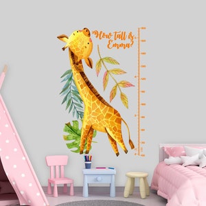 Hoogtetabel naam vinyl sticker, gepersonaliseerde naam muurtattoo jongen meisje, aquarel safari dieren sticker, decor giraf kinderkamer cadeau Z733