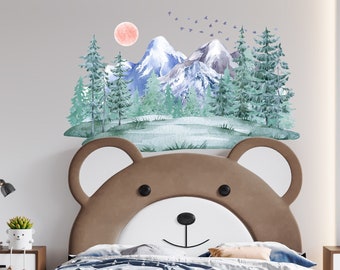 Woodland Watercolor Wall Decal Mountain, Blue Pine Tree Forest Nursery Mural for Boy or Girl, Sticker Vinyl Decoration Kids Play Room Z822