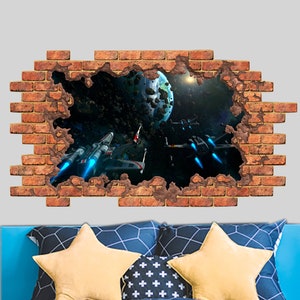 Star Wars Decal for Nursery Boy - 3D Hole in Wall Window Decal -  Smashed Wall Decor Space - Vinyl Sticker Boys Room - 3D Poster Kids Z256