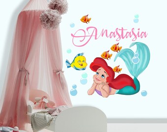 Personalized Mermaid Wall Decal Girls Name Sticker Nautical Custom Name Decals Vinyl Decals Baby Girl Name Bedroom Nursery Wall Decor Z418