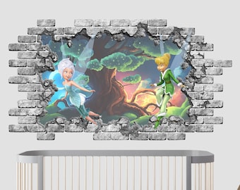 Fairy Wall Decal, Fantasy Wall Art Tinkerbell, 3D Mural Hole in Wall Vinyl Sticker, 3d Wall Decor, 3d Printing Broken Wall Removable  Z435