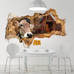 3D Wall Decal Caw Cattle Farm  Art Decor 3D Depth Illusion Hole Wall Decor Rustic Vinyl Mural Removable Wall Sticker Decal Poster Kids Z202