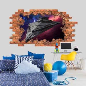 3d window decal Star Wars. Spaceship Wall Decal nursery boy. Hole in wall sticker Removable. Space 3d poster kids. Color vinyl decal Z255