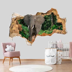 Elephant Wall Decal Hole in wall Decor Safari Animals Wall Decal 3D Vinyl Sticker for Nursery 3D Removable Wall Sticker 3D Poster Kids Z282