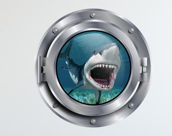 Ocean Shark Underwater. Nautical Submarine Porthole Wall Decal Vinyl Sticker. Graphic Sea Window Port Scape Nursery Kids Decor Wall Art Z142