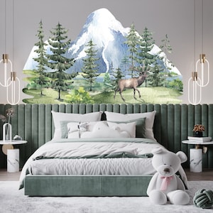 Woodland Watercolor Wall Decal Mountain, Pine Tree Forest Nursery Mural for Boy or Girl, Above Crib Vinyl Decoration Kids Play Room Z812