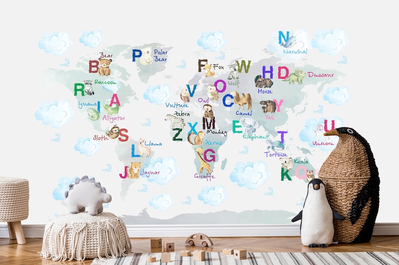 Soft Pastel Educational World Map Wall Stickers Kids Room - Etsy Ireland
