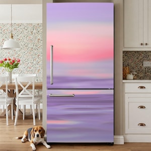 Sunset At Sea sticker koelkast peel and stick, lila oranje ombre koelkast wrap alcoholinkt kunst vinyl sticker voor keuken cover verwijderbaar