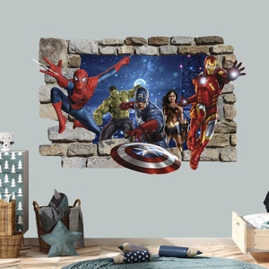 3D Superhero Wall Decal Nursery Boy, Spiderman Sticker Smashed Wall Decor Comics decal,  Kids Playroom Decals, 3D Printing Wall Art Z430