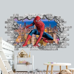Wall Decal SpiderMan 3D. Smashed Wall Decor Nursery. 3D Window Decal. Wall decor Playroom. Spiderman print 3D Poster Kids Game Room Z401