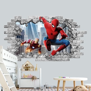 Spiderman Wall Decal Nursery Hole in wall decal, Superhero Wall Sticker for Boys Bedroom, Comics Decor Game Room, Kids Playroom Decals Z406