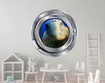 Turtle Wall Decal. Underwater Porthole Wall Decal. Porthole Window Wall Decor. Nautical Nursery Wall Sticker. 3D Porthole Frame Decals Z129