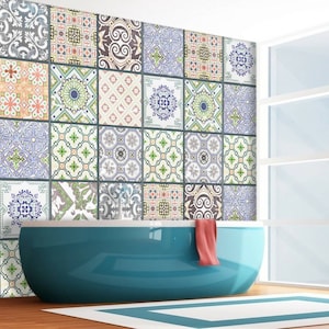 Set OF 12 Spanish Tiles Wall Stickers Vinyl, Traditonal Mexican Tile Decals Peel & Stick Tiles Sticker Removable Kitchen Bathroom Decal Z705