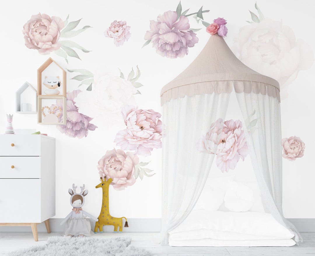 Peony Flower Wall Decals for Soft Pastel Girl Nursery, Set of Floral ...
