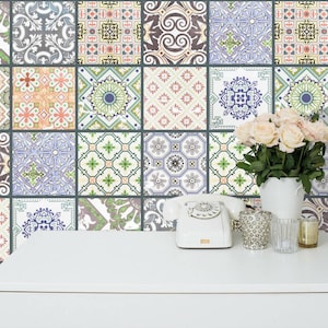 Set OF 24 Tiles Wall Stickers. Traditonal Spanish Tile. Stickers Peel & Stick Tile Decal Remove. Mexican Tiles Kitchen Bathroom Decal Z705