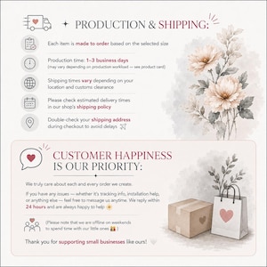 The image is a collage of various images related to the topic of production and shipping, including a floral design, a shipping address, and a product box.