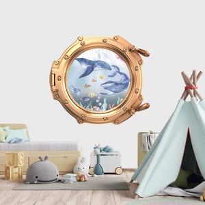 Porthole Wall Decal with Whale, Watercolor Ocean Animals Decor for Kids, Porthole frame Nursery Wall Sticker, 3D Nautical Game Room Z823