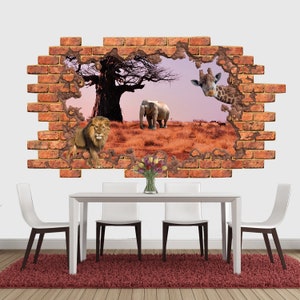 Lion 3D Wall Decal Safari Animals Hole in wall sticker Elephant Giraffe Wall Decor Vinyl Decal Removable 3D Wall Sticker Poster Nursery Z262