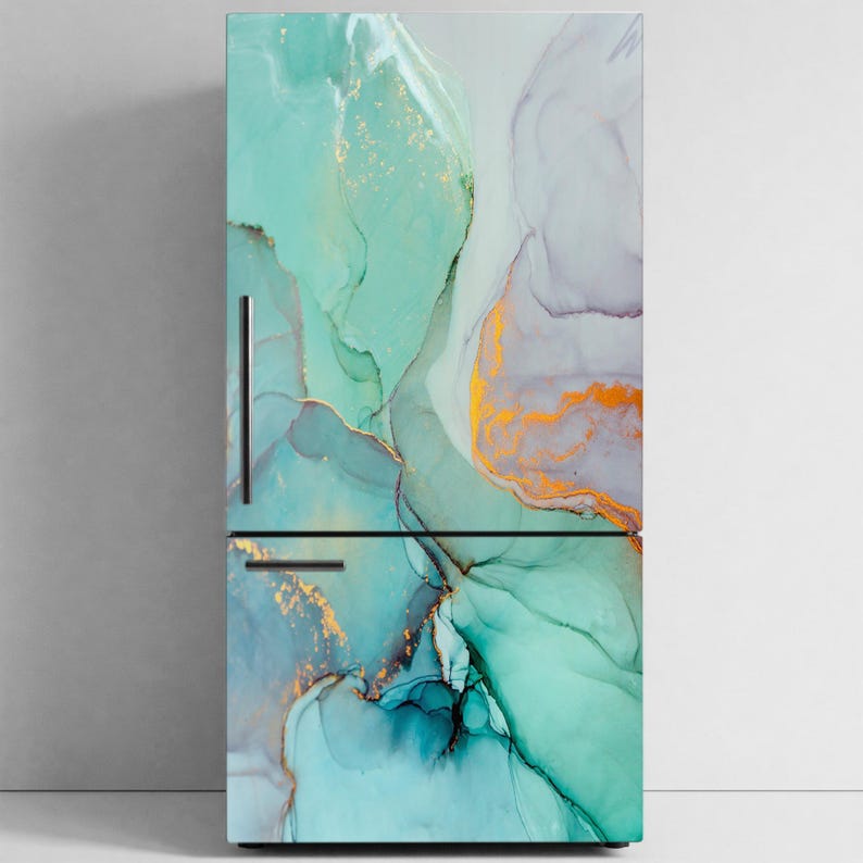 a refrigerator with a vibrant abstract design on its surface, including shades of blue, green, and orange.