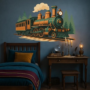 May include: A wall decal depicting a vintage steam train in green, orange, and brown, with white smoke. The train is set against a backdrop of green trees and a blue wall. The scene includes a bed, desk, and lamp.