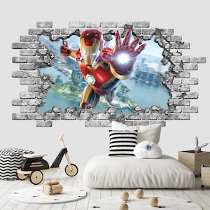 3D Superhero Wall Decal Nursery Boy, Comics decal Kids Room Smashed Wall Decor Playroom, 3d Wall Sticker Peel and Stick Boys Bedroom Z429