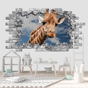 Safari Tiere Loch in der Wand Vinyl Aufkleber, Giraffe 3D Wandaufkleber für Kinderzimmer. Abnehmbarer Wandaufkleber. 3d Druck Kinder Poster Z431