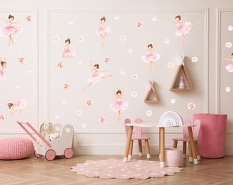 Ballerina Wall Decals for Girls Bedroom, Ballet Nursery Wall Decor, Pink Floral Stickers Peel and Stick, Princess Baby Girl Room Z945