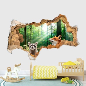Waschbär Fuchs Wandaufkleber für Kinderzimmer, 3D Loch in Wand Vinyl Aufkleber, Waldtiere Aufkleber Kinderzimmer, Dschungel Dekoration Entfernbares Poster Z272