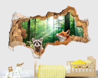 Raccoon Fox Wall Decal for Kids Room, 3D Hole in wall Vinyl Decals,  Forest Animals sticker Nursery, Jungle Decoration Removable Poster Z272