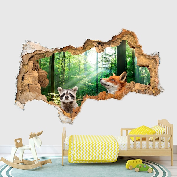 Raccoon Fox Wall Decal for Kids Room, 3D Hole in wall Vinyl Decals,  Forest Animals sticker Nursery, Jungle Decoration Removable Poster Z272