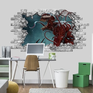 Superhero Wall Sticker Teen Room, Wall Decal Venom Smashed Wall Decal, Comics Decals Spiderman SuperHero Vinyl Mural Playroom Decals  Z773