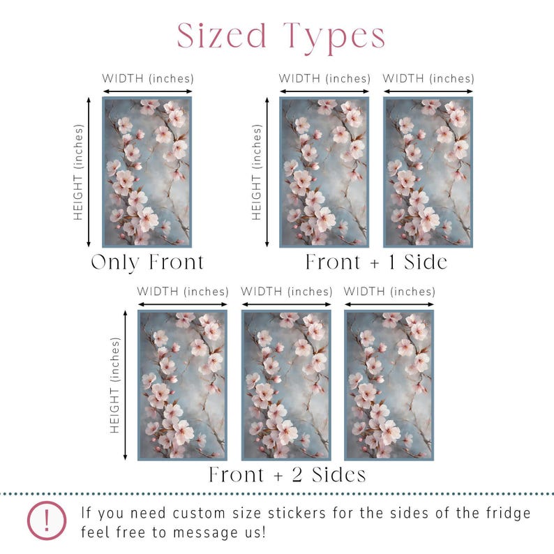 The image is a collage of five images, each depicting a different type of flower, specifically pink flowers. The images are arranged in a grid format, with two rows and three columns. The images are labeled with their respective widths in inches, which are provided in a table format. The table also includes a note that if the user needs custom size stickers for the sides of the fridge, they should feel free to message the creator.